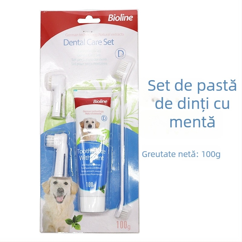 Bioline Set de pastă de dinți și periuță pentru animale de companie – pentru câini și pisici, arome multiple, pastă comestibilă, respirație proaspătă, îngrijire gingivală și parodontontală