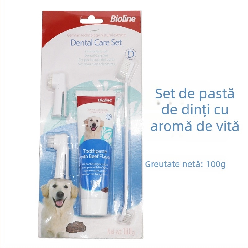 Bioline Set de pastă de dinți și periuță pentru animale de companie – pentru câini și pisici, arome multiple, pastă comestibilă, respirație proaspătă, îngrijire gingivală și parodontontală