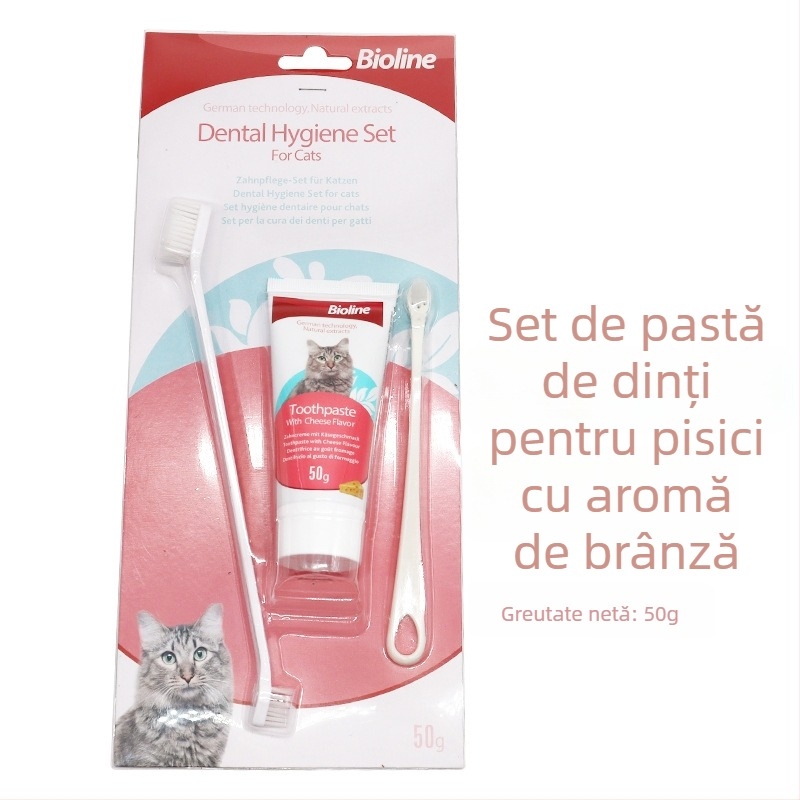 Bioline Set de pastă de dinți și periuță pentru animale de companie – pentru câini și pisici, arome multiple, pastă comestibilă, respirație proaspătă, îngrijire gingivală și parodontontală