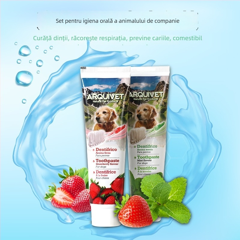 Set pastă de dinți și periuță pentru animale de companie ARQUIVET – îngrijire a gingiilor, respirație proaspătă, eliminarea petelor, eliminarea calculilor (ARQUIVET; Fresh breath; Gum care; Remove stains; Remove calculus)