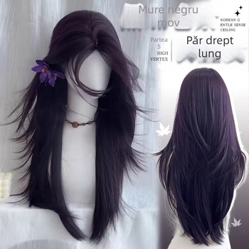 Perucă lungă dreptă cu breton diagonal, stil natural, fibră rezistentă la temperaturi, pentru femei