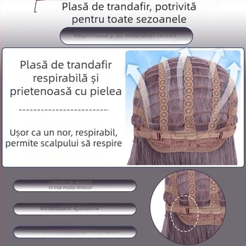 Perucă lungă dreptă cu breton diagonal, stil natural, fibră rezistentă la temperaturi, pentru femei