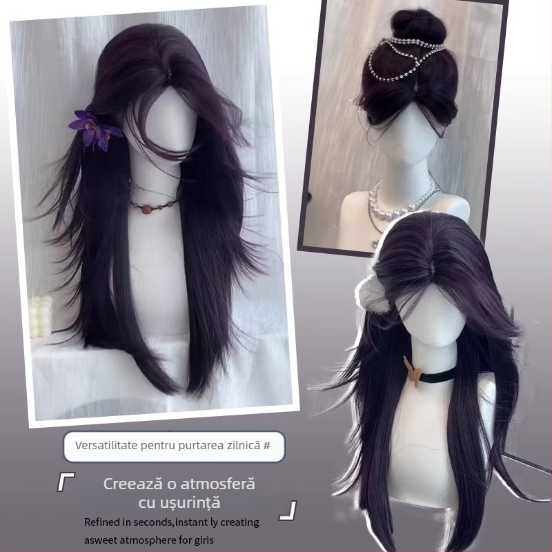 Perucă lungă dreptă cu breton diagonal, stil natural, fibră rezistentă la temperaturi, pentru femei