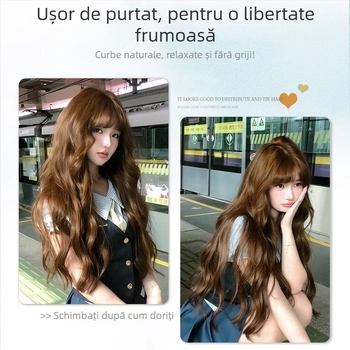 Perucă pentru întreaga cap, păr lung buclat, breton drept, material mătase rezistent la temperaturi înalte, aspect natural