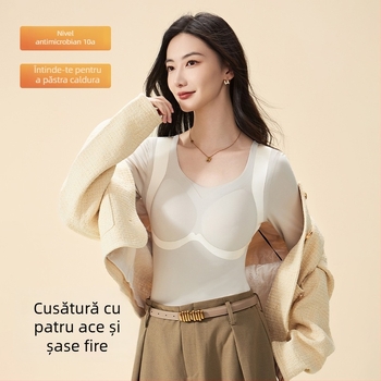 Tricou de bază Lyocell, cu căptușeală de fleece, strat dublu pentru încălzire, guler în formă de U, mâneci lungi, efect de subțiere