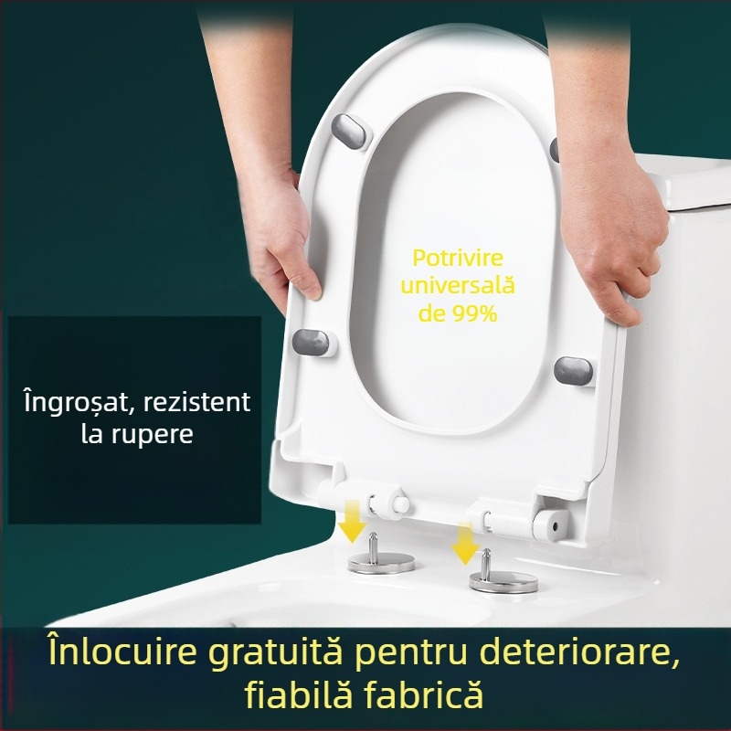 Capac de toaletă, îngroșat, rezistent la fisuri, închidere lină, în formă U sau V, material PP, distanță între balamale reglabilă 13–17 mm.