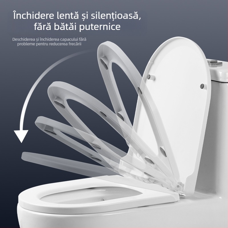 Capac de toaletă, îngroșat, rezistent la fisuri, închidere lină, în formă U sau V, material PP, distanță între balamale reglabilă 13–17 mm.