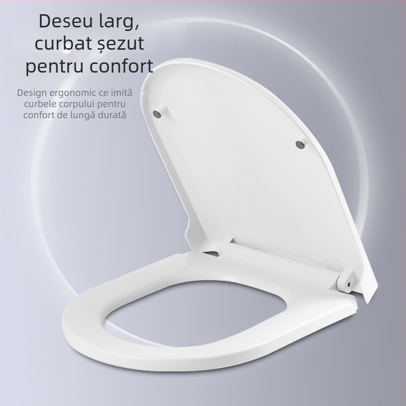 Capac de toaletă, îngroșat, rezistent la fisuri, închidere lină, în formă U sau V, material PP, distanță între balamale reglabilă 13–17 mm.