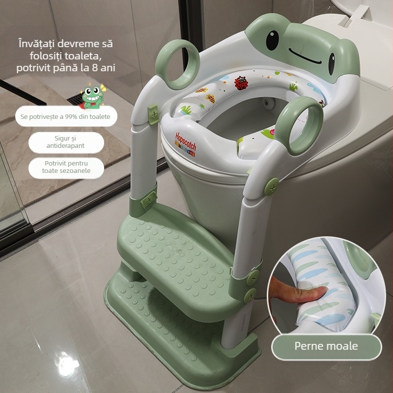 Scaun de toaletă pentru copii, tip scară, cu raft pliabil și husă pentru pernă (Material: polipropilenă)