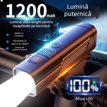 Set lumini pentru bicicletă: far frontal cu fascicul puternic pentru noapte, lampă spate, USB-C, 1200mAh, eliberare rapidă, model F998M6TH968S9M