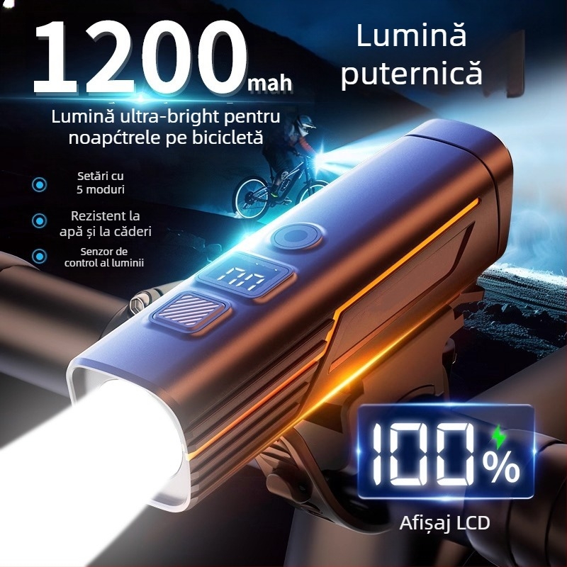 Set lumini pentru bicicletă: far frontal cu fascicul puternic pentru noapte, lampă spate, USB-C, 1200mAh, eliberare rapidă, model F998M6TH968S9M