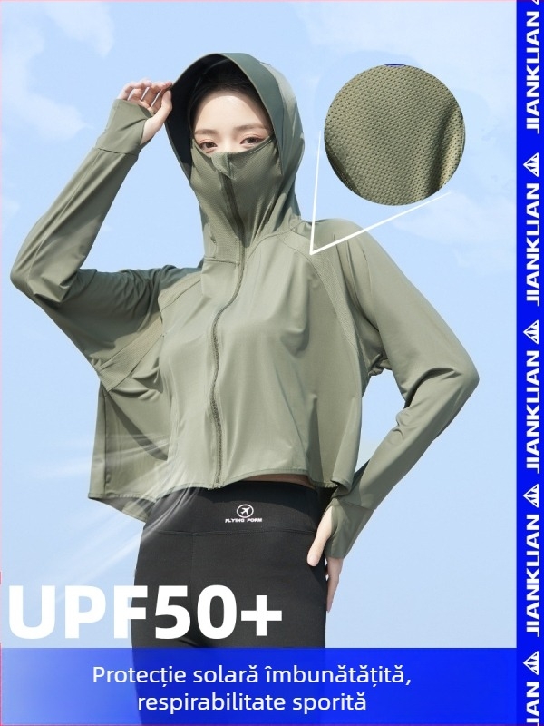 Jachetă cu glugă și protecție UV pentru femei, UPF50, Ice Silk, respirabilă, ușoară, poliester, culoare uni, lungime scurtă, jachetă de exterior