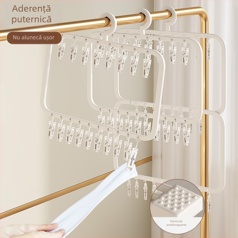 Uscător pentru șosete cu multiple cleme – suport din plastic, rezistent la vânt, pentru uz casnic și pe balcon.