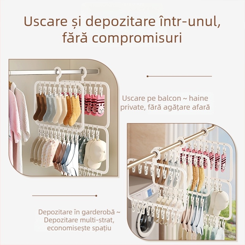 Uscător pentru șosete cu multiple cleme – suport din plastic, rezistent la vânt, pentru uz casnic și pe balcon.