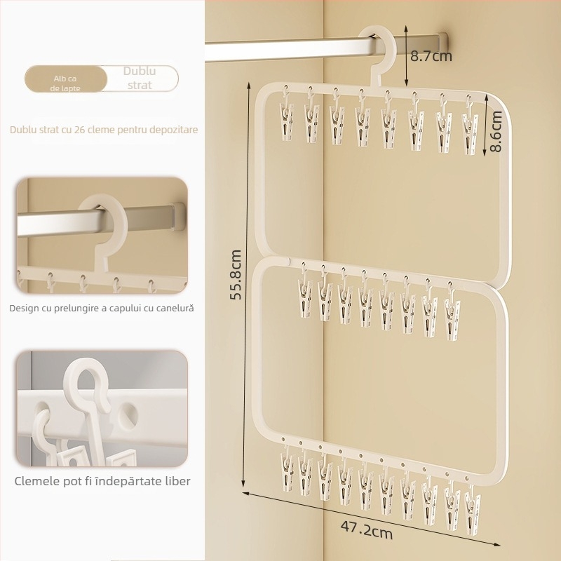 Uscător pentru șosete cu multiple cleme – suport din plastic, rezistent la vânt, pentru uz casnic și pe balcon.