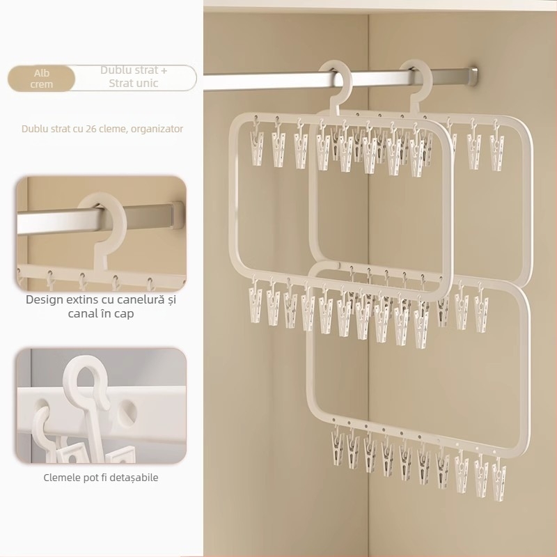 Uscător pentru șosete cu multiple cleme – suport din plastic, rezistent la vânt, pentru uz casnic și pe balcon.