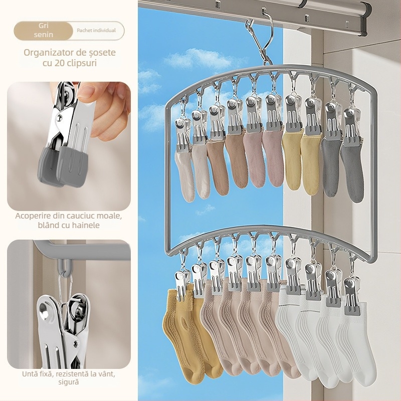 Uscător pentru șosete cu multiple cleme – suport din plastic, rezistent la vânt, pentru uz casnic și pe balcon.