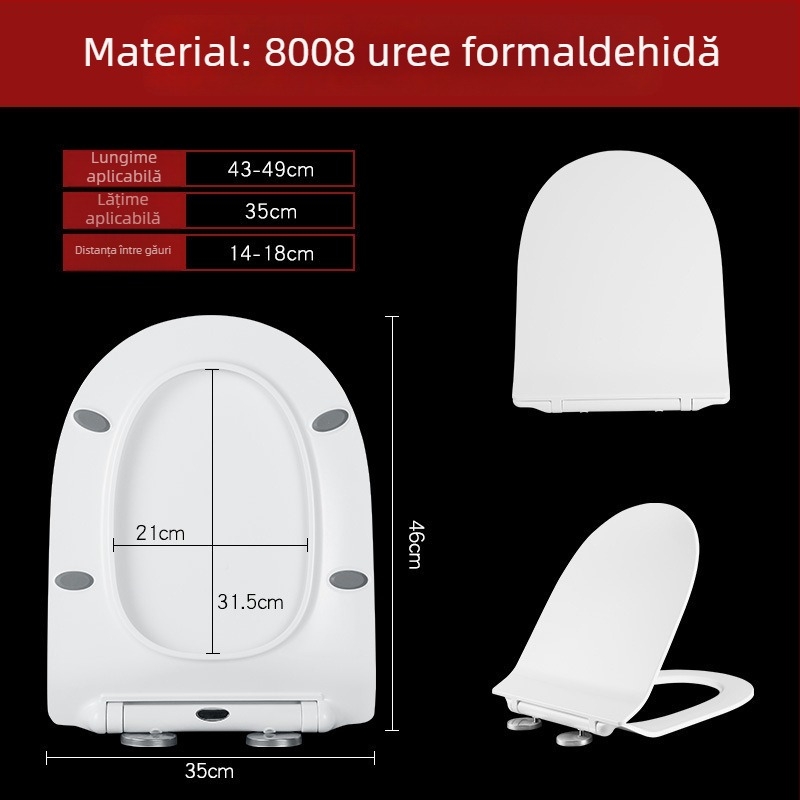 Capac de WC în formă de U, cu pernă, distanța între găuri 14-18 cm, model 8008, material: rășină uree-formaldehidă
