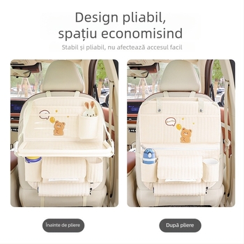 Tavă pliabilă pentru spatele scaunului auto cu husă de depozitare și coș de gunoi, capacitate 2400 ml, tip agățat, universal