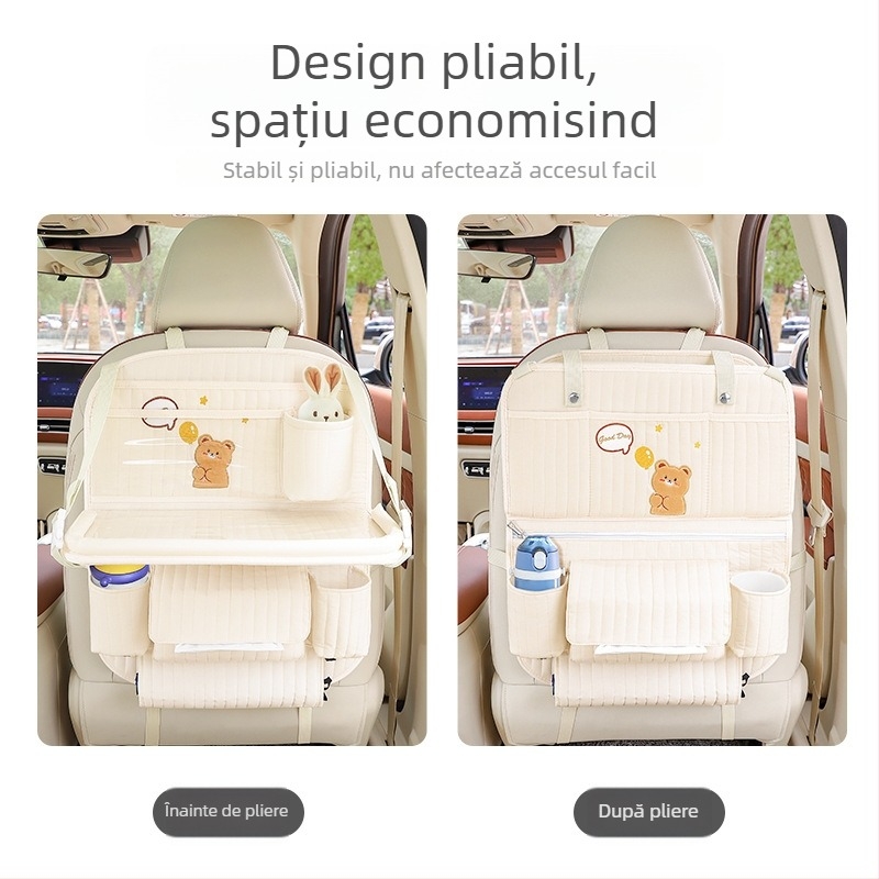Tavă pliabilă pentru spatele scaunului auto cu husă de depozitare și coș de gunoi, capacitate 2400 ml, tip agățat, universal
