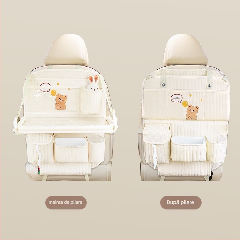 Tavă pliabilă pentru spatele scaunului auto cu husă de depozitare și coș de gunoi, capacitate 2400 ml, tip agățat, universal