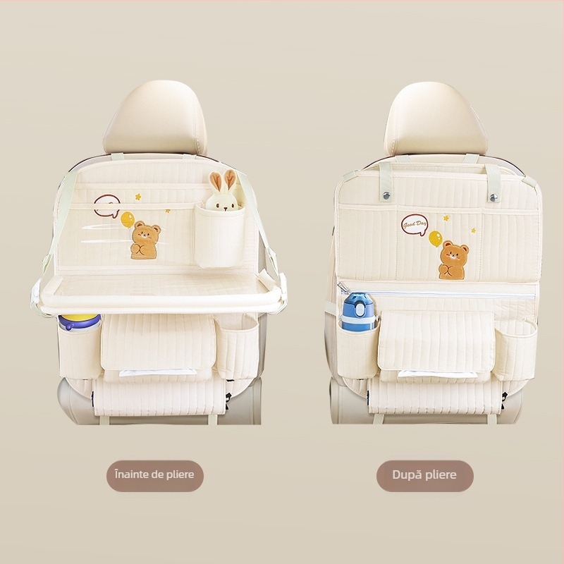Tavă pliabilă pentru spatele scaunului auto cu husă de depozitare și coș de gunoi, capacitate 2400 ml, tip agățat, universal