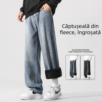 Jeansi bărbați cu fleece pe interior, croială dreaptă, stil stradal, talie medie, fermoar