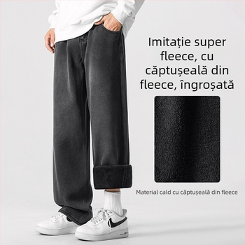 Jeansi bărbați cu fleece pe interior, croială dreaptă, stil stradal, talie medie, fermoar