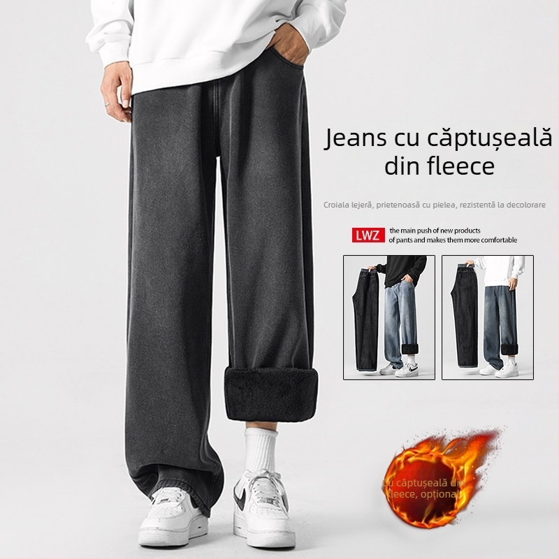 Jeansi bărbați cu fleece pe interior, croială dreaptă, stil stradal, talie medie, fermoar