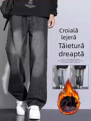 Blugi bărbați cu fleece căptușeală, croială lejeră, talie joasă, drepti, fermoar