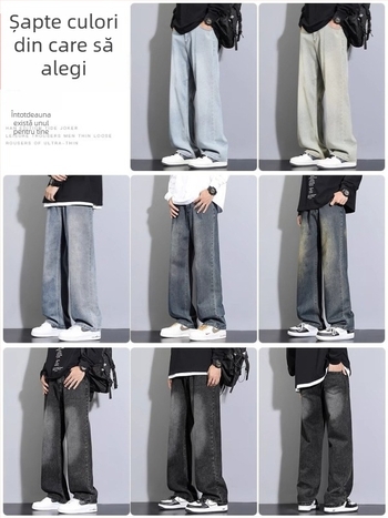 Blugi bărbați cu fleece căptușeală, croială lejeră, talie joasă, drepti, fermoar