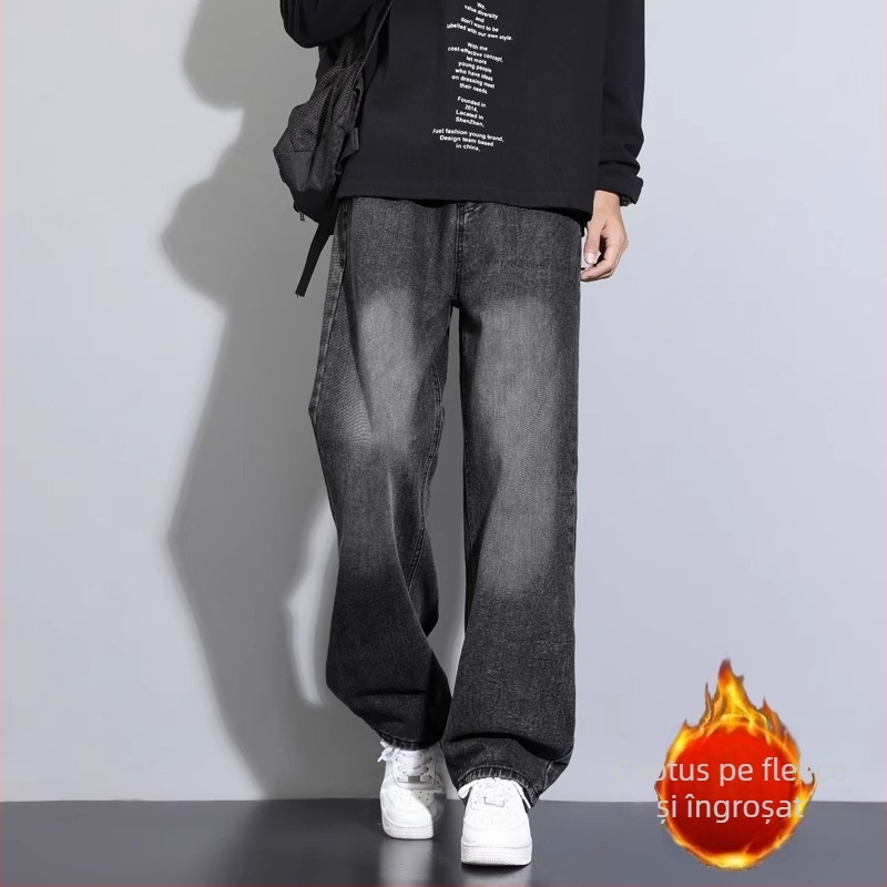 Blugi bărbați cu fleece căptușeală, croială lejeră, talie joasă, drepti, fermoar