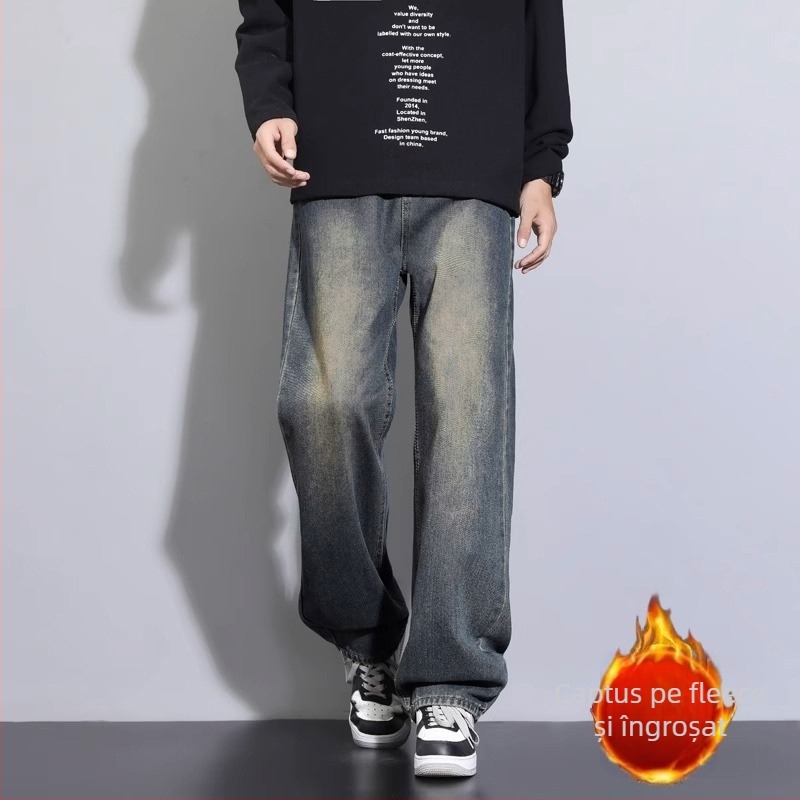 Blugi bărbați cu fleece căptușeală, croială lejeră, talie joasă, drepti, fermoar