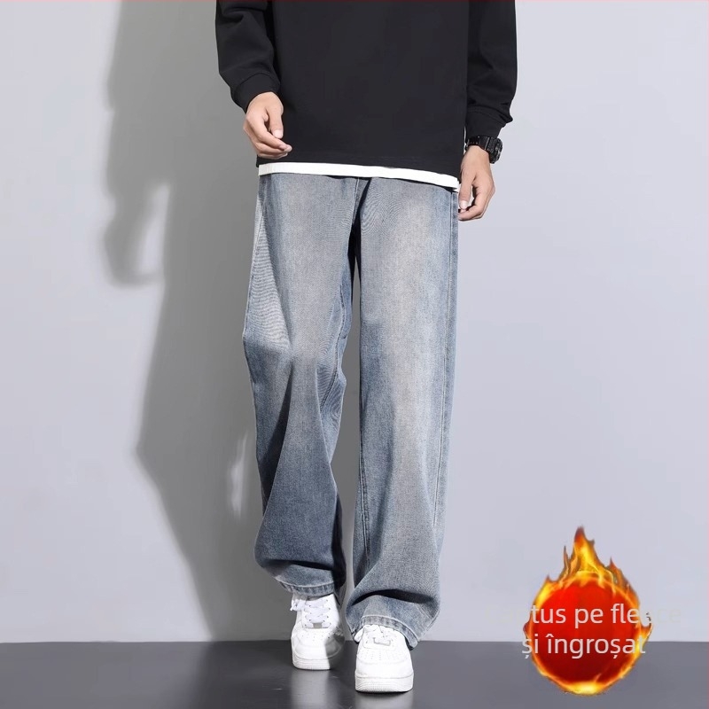 Blugi bărbați cu fleece căptușeală, croială lejeră, talie joasă, drepti, fermoar