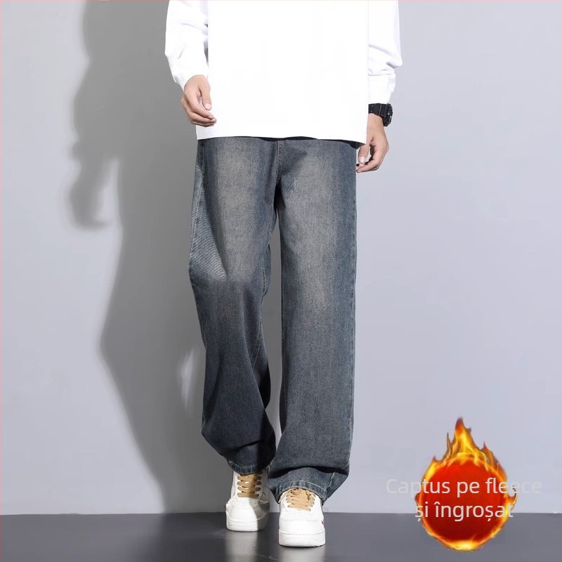 Blugi bărbați cu fleece căptușeală, croială lejeră, talie joasă, drepti, fermoar