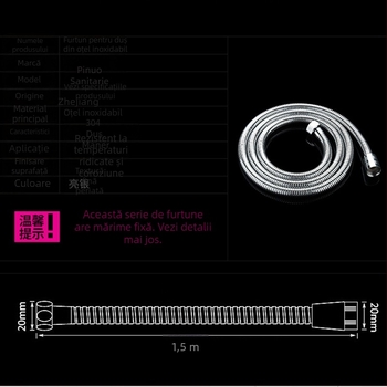 Țeavă de duș din oțel inoxidabil, model pn-l001, presiune nominală 0,8 MPa, temperatură de lucru 0–100°C, instalare spirală