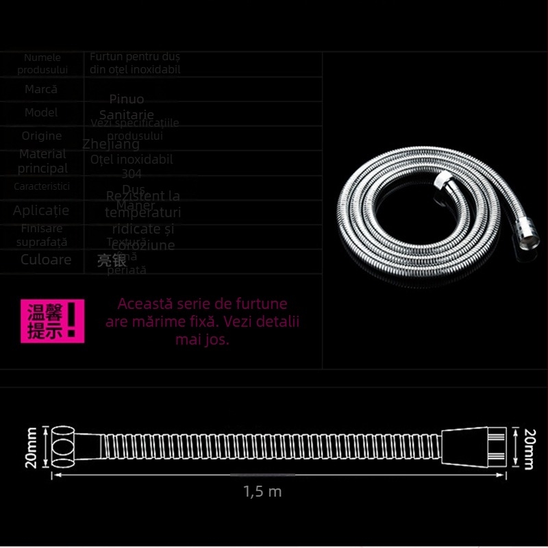 Țeavă de duș din oțel inoxidabil, model pn-l001, presiune nominală 0,8 MPa, temperatură de lucru 0–100°C, instalare spirală