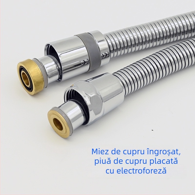 Furtun de duș cu piuliță din cupru și țeavă exterioară din oțel inox, țeavă interioară din cauciuc — anti-încâlcire, articulație universală, model RG002, 3.0 MPa, 1–90°C, conectare filetată