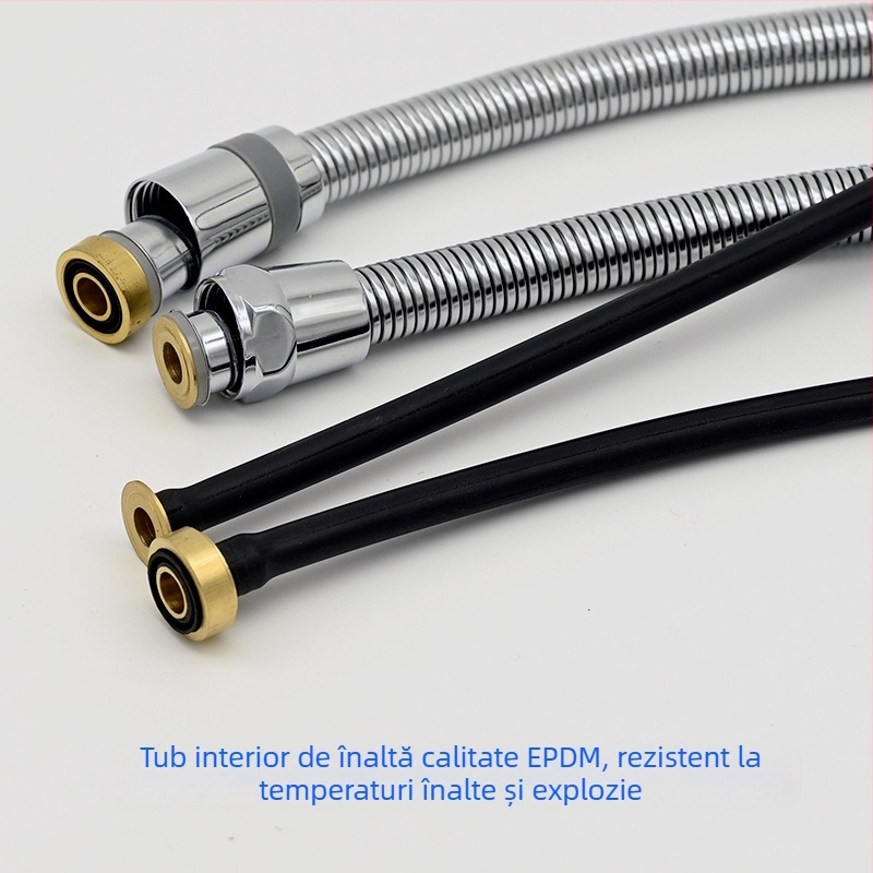 Furtun de duș cu piuliță din cupru și țeavă exterioară din oțel inox, țeavă interioară din cauciuc — anti-încâlcire, articulație universală, model RG002, 3.0 MPa, 1–90°C, conectare filetată