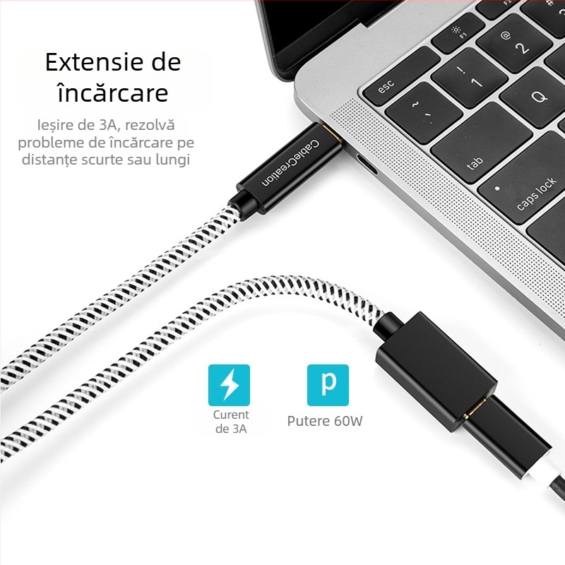 Cablu extensie Type-C, conectare masculin la femelă, transfer de date de 10Gbps, încărcare rapidă de 60W, carcasă din aliaj de aluminiu