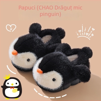 Papuci de interior pentru copii cu imprimeu pingvin, partea superioară din velur, talpă EVA, Slip-On, Unisex, vârsta 1–16 ani