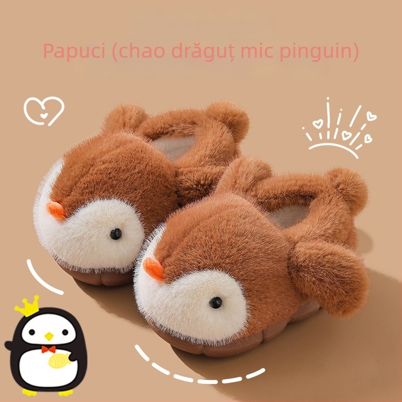 Papuci de interior pentru copii cu imprimeu pingvin, partea superioară din velur, talpă EVA, Slip-On, Unisex, vârsta 1–16 ani