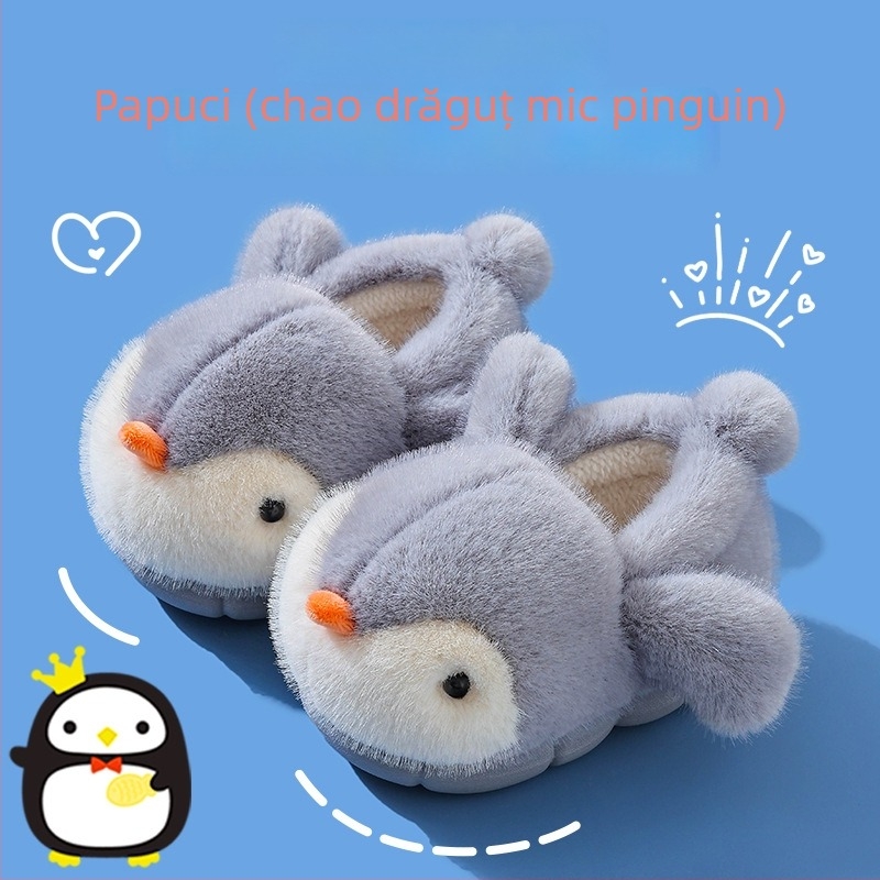Papuci de interior pentru copii cu imprimeu pingvin, partea superioară din velur, talpă EVA, Slip-On, Unisex, vârsta 1–16 ani