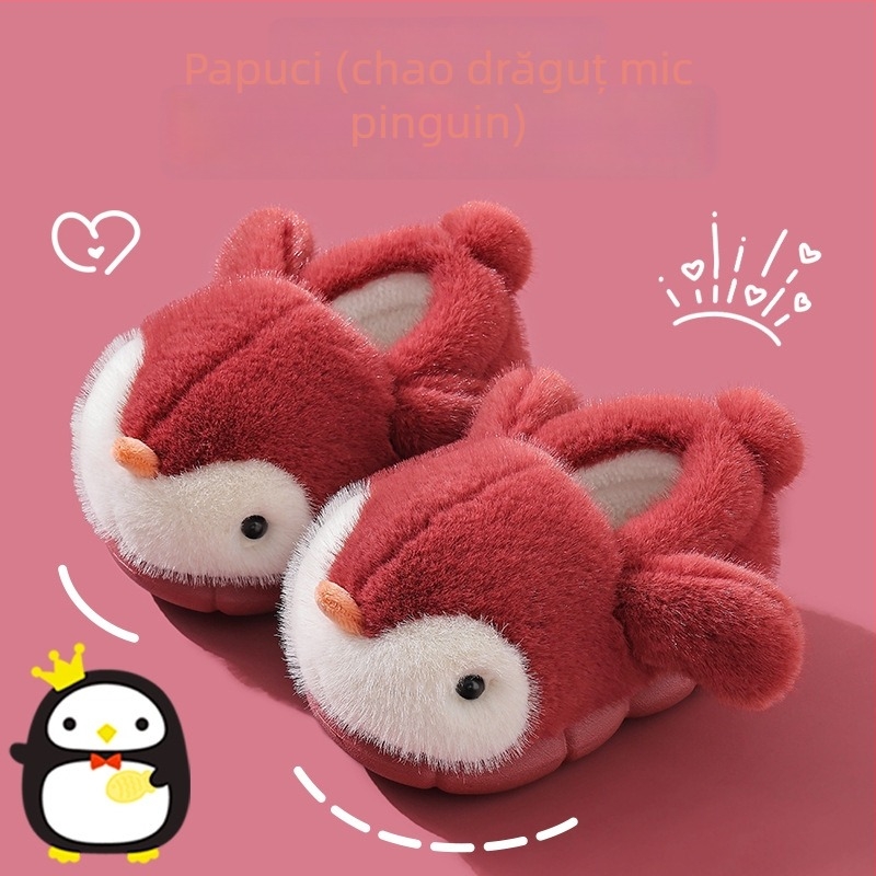 Papuci de interior pentru copii cu imprimeu pingvin, partea superioară din velur, talpă EVA, Slip-On, Unisex, vârsta 1–16 ani