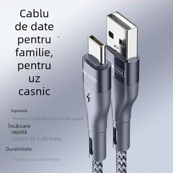 Cabl Type-C cu un cap unic, cablu din nailon împletit pentru date și încărcare, 5V/2.4A, carcasă din aluminiu, compatibil cu Huawei, Android și iPhone