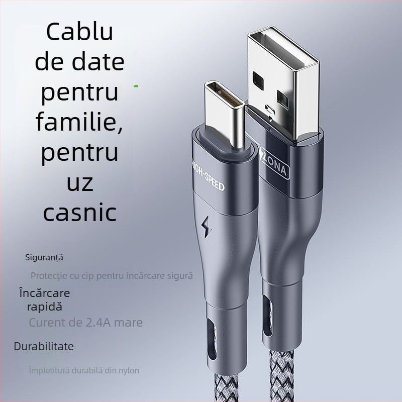 Cabl Type-C cu un cap unic, cablu din nailon împletit pentru date și încărcare, 5V/2.4A, carcasă din aluminiu, compatibil cu Huawei, Android și iPhone