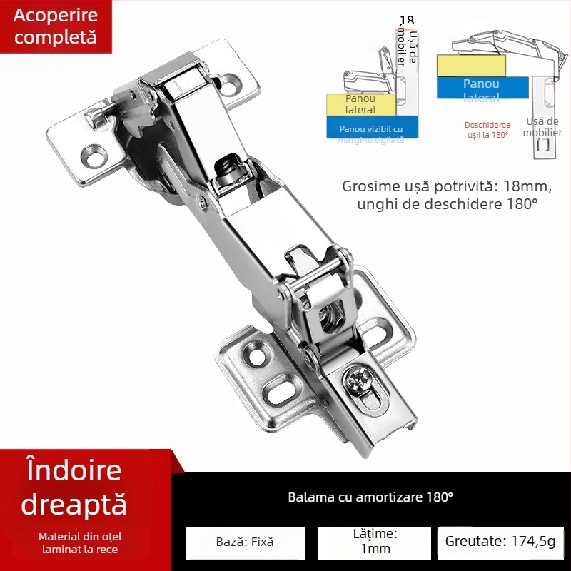 Balama cu amortizor la 180° – balama pentru ușa de colț a dulapului, oțel laminat la rece, finisaj electrolitic