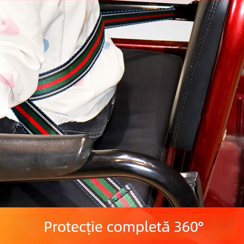 Centură de siguranță pentru scaunul din spate al unui vehicul electric cu trei roți, cu protecție dublă împotriva căderii; Materiale: aliaj de zinc, oțel/plastic, aliaj de aluminiu, nylon imitatie; Potrivit pentru motociclete, biciclete electrice și trotin