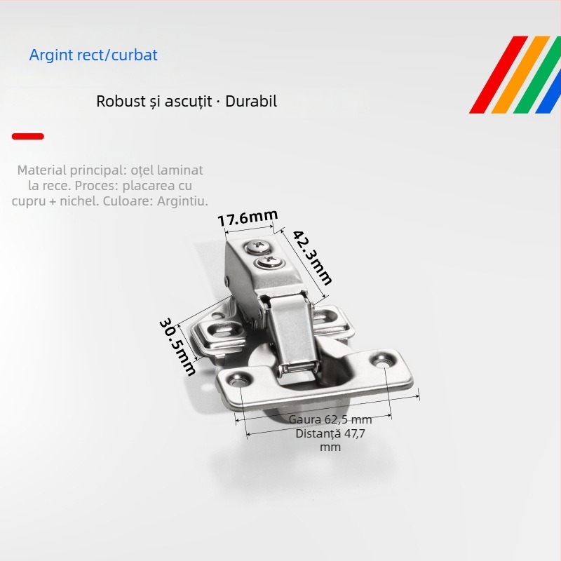 Balama cu braț scurt pentru uși de garderobă și dulapuri, stil american; material: oțel laminat la rece; placare cu cupru-nichel; amortizare hidraulică, funcționare silențioasă