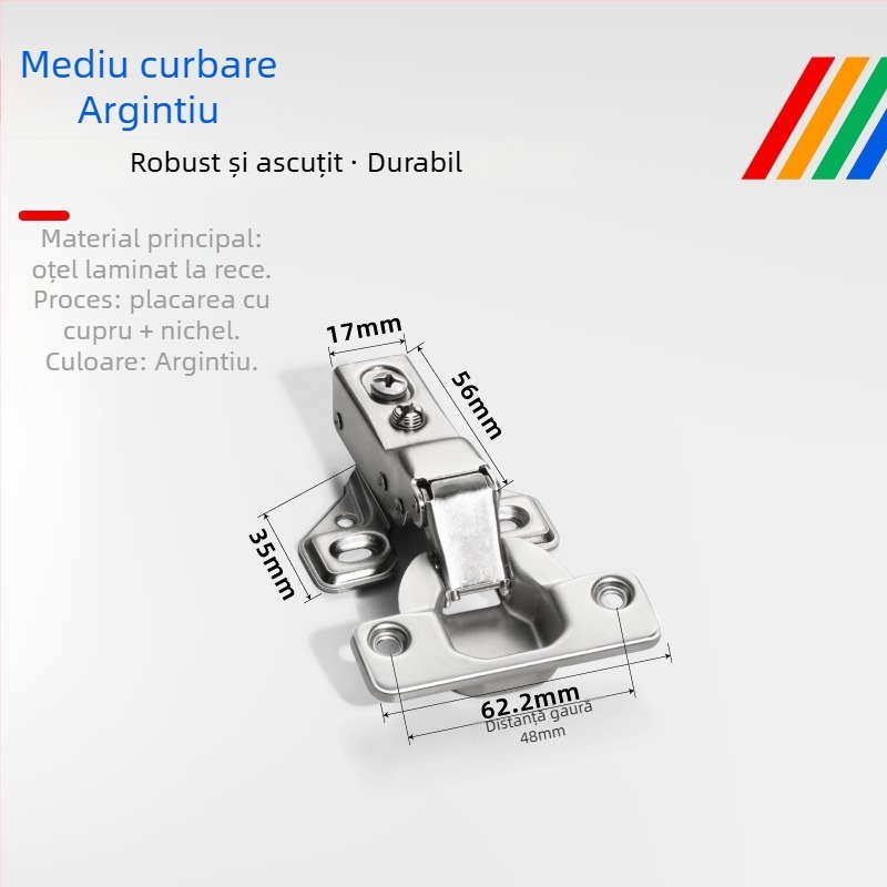 Balama cu braț scurt pentru uși de garderobă și dulapuri, stil american; material: oțel laminat la rece; placare cu cupru-nichel; amortizare hidraulică, funcționare silențioasă